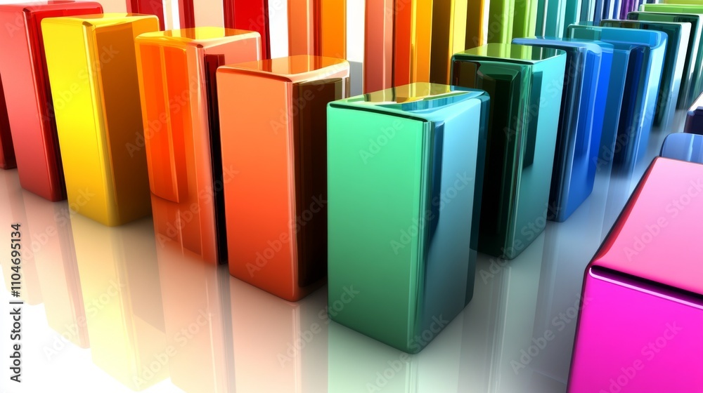 Poster colorful abstract blocks in a rainbow arrangement on a reflective surface