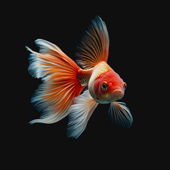 Fototapeta premium Striking Orange and White Goldfish with Flowing Fins Swimming Gracefully Against a Dark Background Captivating Underwater Scene for Aquatic Photography