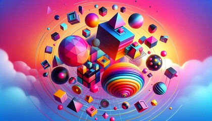 Fototapeta premium Vibrant Colorful Geometric Shapes Orbiting In Space