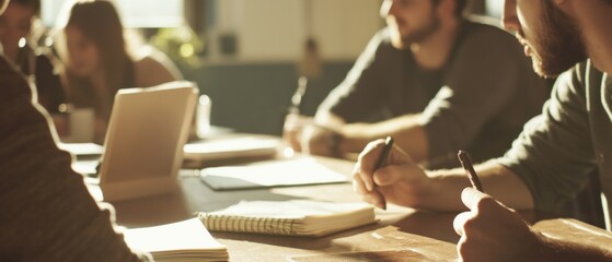 collaborative brainstorming session with diverse individuals engaged in discussion and note-taking