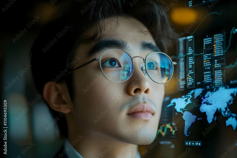 Aufkleber A focused individual analyzing data on a digital interface with financial graphs.