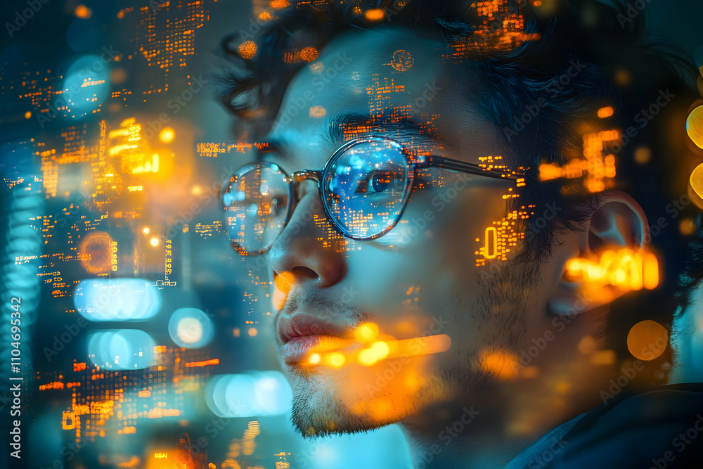 Poster a contemplative individual surrounded by digital overlays representing technology and data.