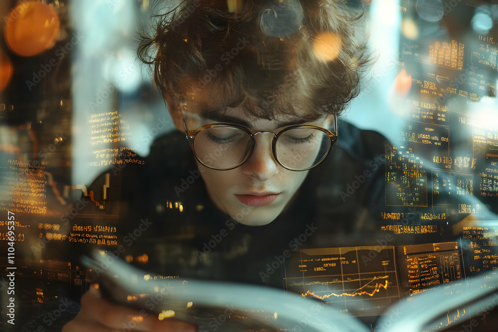 Poster A focused individual reading, surrounded by digital data and charts.