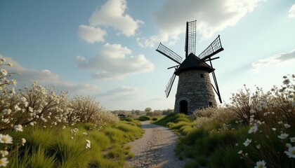 Fototapeta premium A windmill standing in a field with flowers on a sunny day