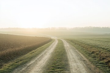 Naklejka premium a serene dirt road winding through a peaceful landscape at sunrise