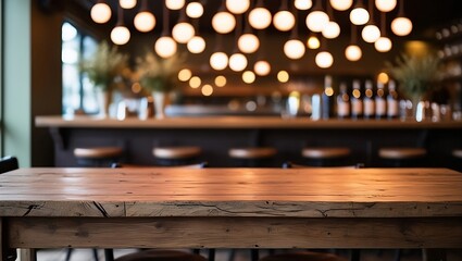 Rustic Wooden Table with Cozy Bar Ambiance and Warm Lighting