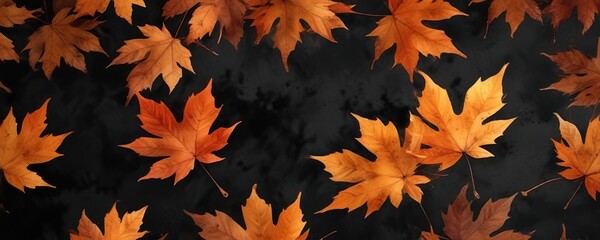 Black and orange abstract autumn leaves with watercolour effects on a dark background, spooky atmosphere, orange, black