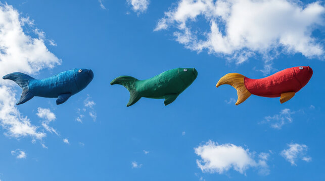 Colorful koi windsocks floating in blue sky with fluffy clouds