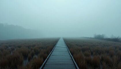 Long wooden boardwalk through marsh with foggy horizon