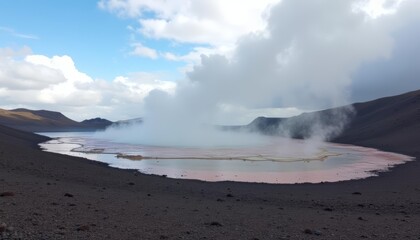 Fototapeta premium Steam rising from a volcanic lake, creating an ethereal atmosphere in a landscape with dark hills