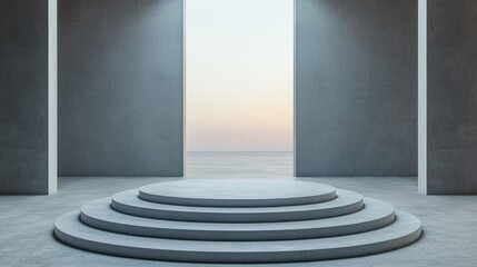 Concrete Platform with Circular Steps in a Minimalist Interior