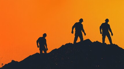Silhouettes of Workers in a Gold Mine at Sunset