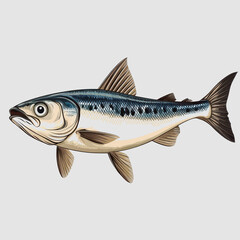 Obraz premium Detailed Illustration of a Realistic Fish with Shiny Scales and Fins, Set Against a Light Grey Background, Perfect for Aquatic and Culinary Themes