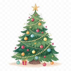 abstract Christmas Tree with lights, red and gold Christmas balls, gold tinsel garland and stars.