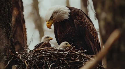 Bald Eagle Feeding Eaglets in a Nest.
