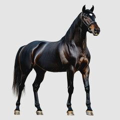 Obraz premium Majestic Black Horse Standing Proudly Against Neutral Background Showcasing Elegant Features and Smooth Coat Perfect for Equestrian Photography and Animal Portraits