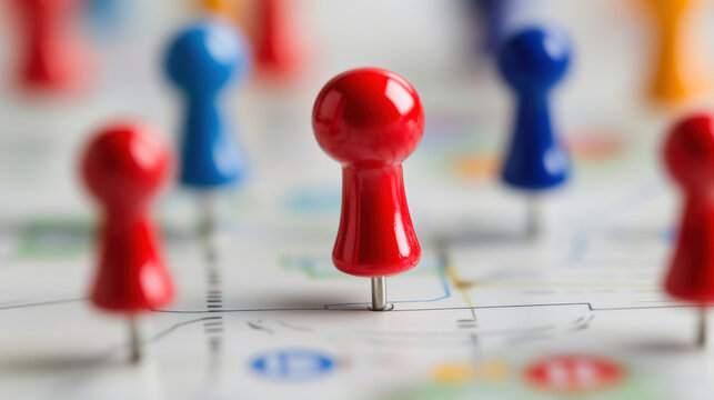 Bold red map pin standing out among colorful markers on map