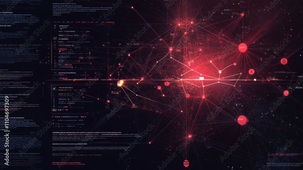 Poster abstract digital network visualization with red and black elements