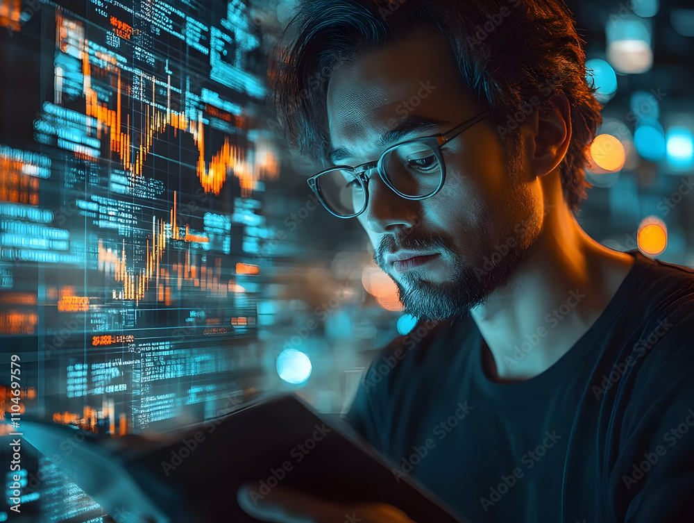 Aufkleber A focused individual analyzes data amidst a backdrop of digital graphs and statistics.