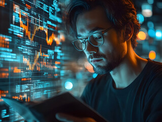 A focused individual analyzes data amidst a backdrop of digital graphs and statistics.