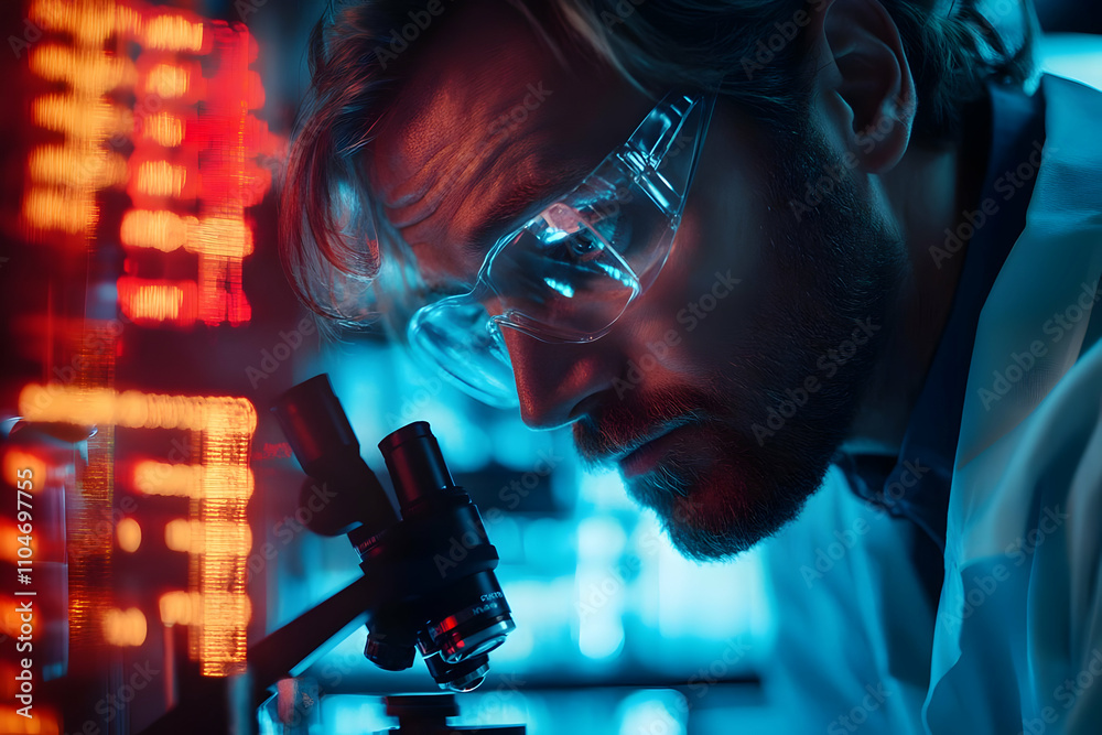 Aufkleber A scientist examines samples under a microscope in a high-tech laboratory setting.