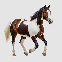 Naklejka premium A Beautiful Brown and White Paint Horse Galloping Gracefully Across a Light Background, Showcasing Its Majestic Presence and Gentle Nature in Full Motion
