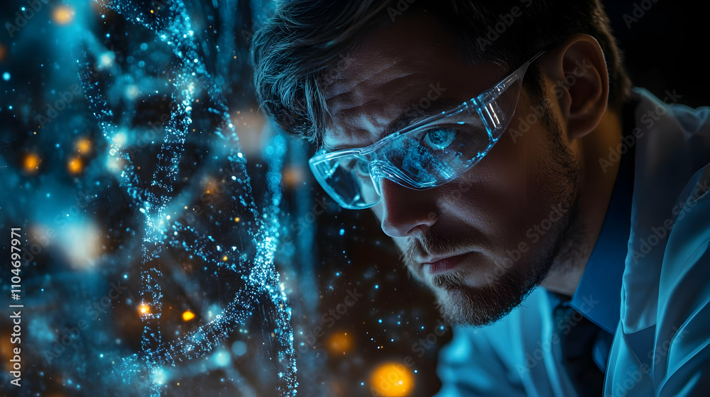 Aufkleber A focused scientist in glasses examines data visualizations and molecular structures.