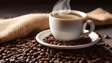Fototapeta premium steaming cup of coffee surrounded by coffee beans on a rustic background