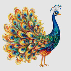 Fototapeta premium Vibrant and Colorful Peacock with Feathers Displayed, Showcasing Intricate Patterns and Rich Hues on a Gray Background for Artistic or Nature-Inspired Projects