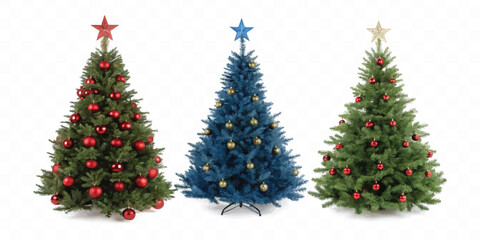 abstract Christmas Tree with lights, red and gold Christmas balls, gold tinsel garland and stars.