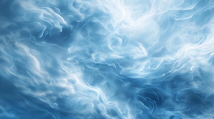 Abstract image of swirling blue and white clouds with ethereal motion for peaceful atmosphere tranquility dreamlike aesthetic calming visual soft texture design concept.