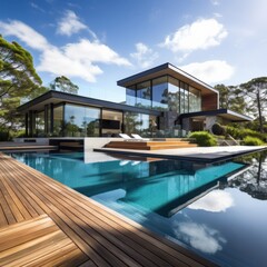Fototapeta premium modern house with swimming pool and landscaped garden