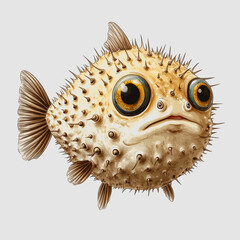 Cute and Quirky Puffer Fish with Big Eyes and Spiky Skin Swimming in Ocean Waters, Representing Marine Life and Underwater Ecosystems in a Cartoonish Style