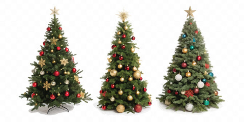 abstract Christmas Tree with lights, red and gold Christmas balls, gold tinsel garland and stars.