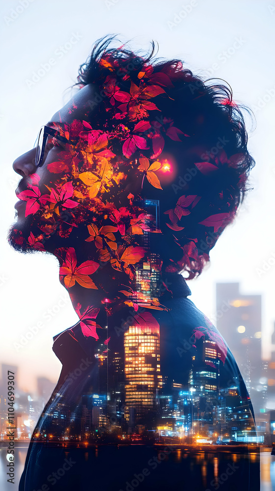 Poster a double exposure portrait blending a man's profile with vibrant leaves and a city skyline.