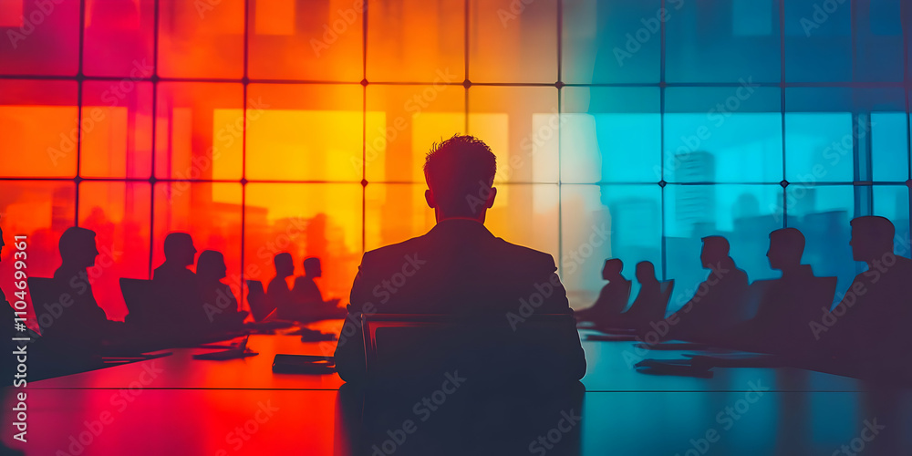 Aufkleber silhouetted figures in a corporate meeting with colorful background lighting.