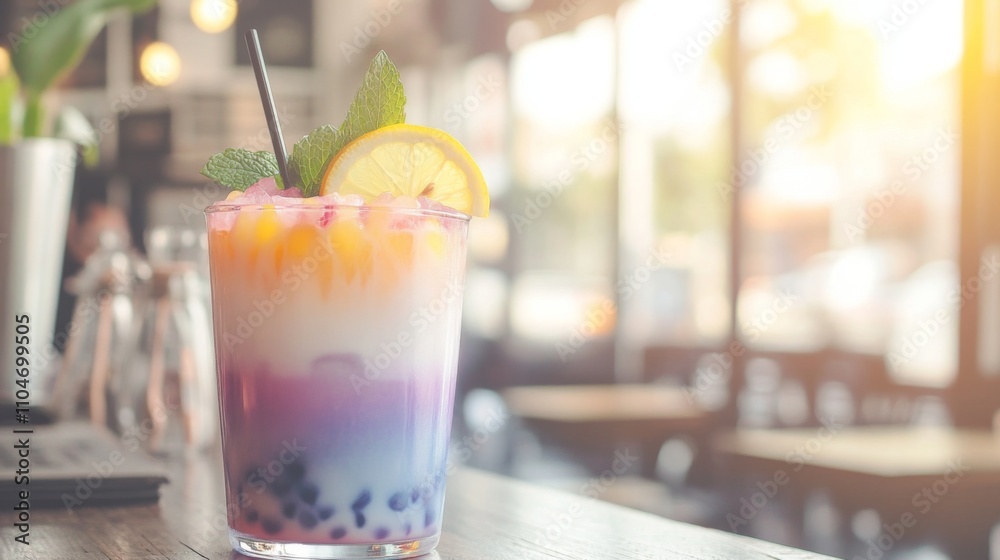 Poster refreshing colorful beverage with lemon and mint on a wooden table