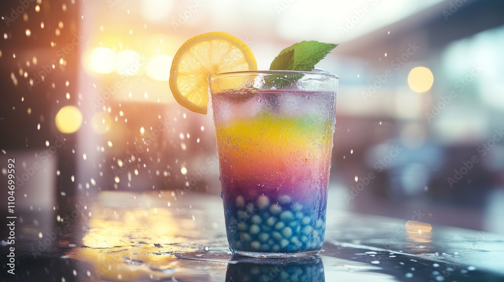 Poster Refreshing Colorful Drink with Lemon and Mint Splashing Water