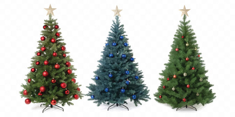 abstract Christmas Tree with lights, red and gold Christmas balls, gold tinsel garland and stars.