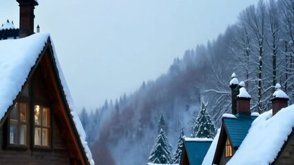 Snowy Village with Warm Lights and Frosted Evergreens - Powered by Adobe