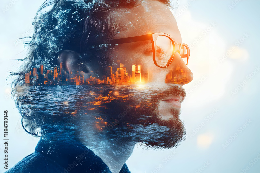 Poster A double exposure image of a man with a city skyline and ocean overlay, symbolizing introspection.