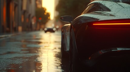 Side view of a futuristic black car next to a cityscape, Generative AI 