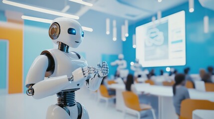 A futuristic education center where AI tutors and robotic instructors teach diverse subjects to students, Educational technology style, photo of