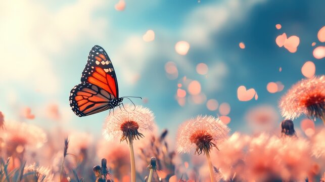 Fototapeta A monarch butterfly perches on a dandelion in a field of dandelions with a bokeh background of hearts.