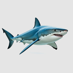 Fototapeta premium Realistic illustration of a great white shark swimming gracefully in open water, highlighting its powerful body and distinctive features in a vibrant underwater scene