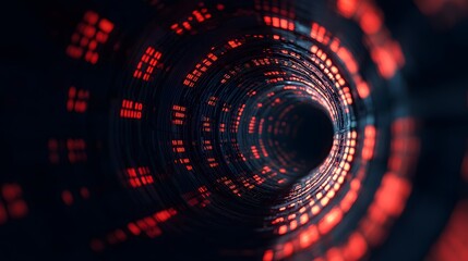 A swirling tunnel of red and black lights, creating a digital vortex effect, evoking a sense of depth and motion.