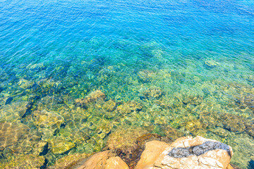 The water is clear and blue, with rocks in the background