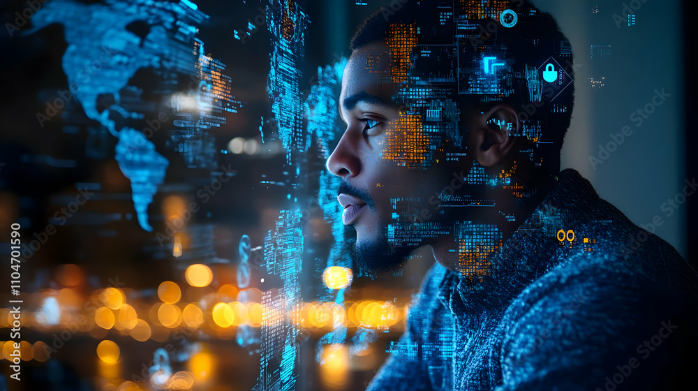 Poster A man gazes thoughtfully at digital data and global maps, symbolizing technology and innovation.
