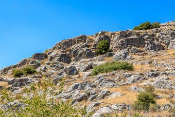 A rocky hillside with a few trees and a fence in the background