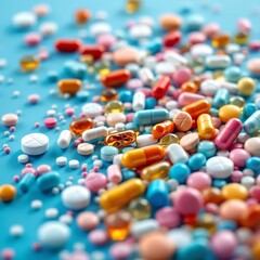 Blue backdrop showcases detailed pills and capsules, highlighting healthcare and wellness.